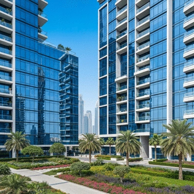 Modern apartment building in Dubai with lush landscaping