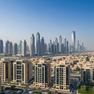 Modern cityscape of Dubai with residential buildings and financial district, representing investment opportunities