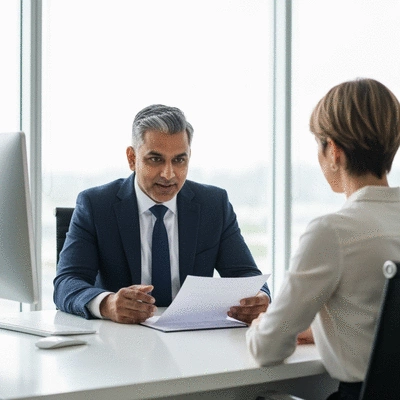 Professional property manager interacting with a client in a modern office, discussing documents