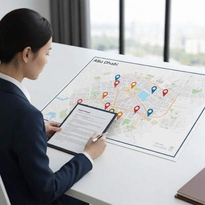 Person reviewing investment documents and a map of Abu Dhabi with commercial properties highlighted, no text, no words, no typography, 8K