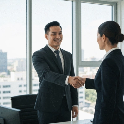 Professional real estate agent shaking hands with a client in a modern office, signifying trust and successful transaction, no text, no words, no typography, 8K