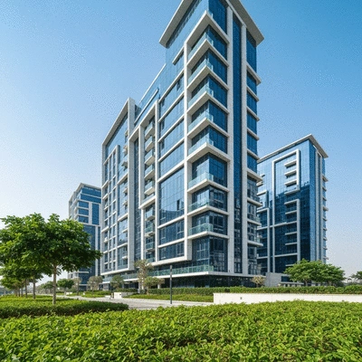 Modern apartment building in Dubai with lush landscaping and clear sky