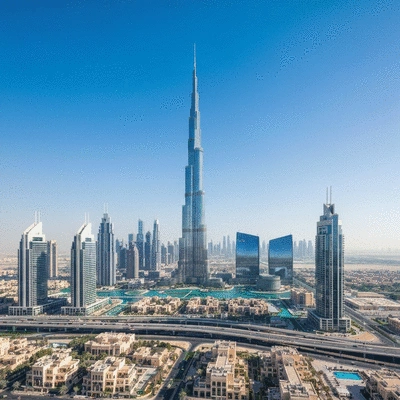 Modern cityscape of Dubai with iconic buildings and clear blue sky