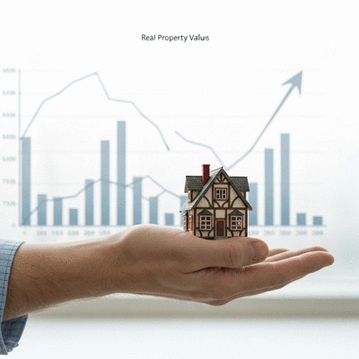 Hand holding a miniature house model with a graph showing property value increase in the background