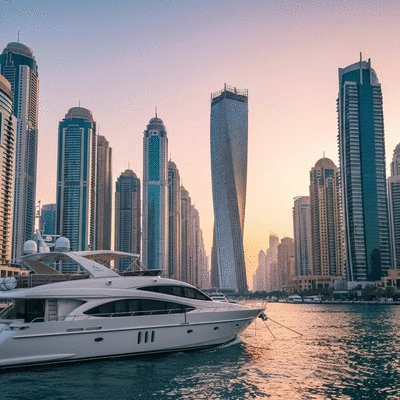 Luxury yacht docked in Dubai Marina with skyscrapers in background