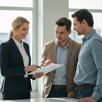 Professional property expert meeting with a couple, discussing property documents and a tablet, in a modern, bright office, no text, no words, no typography, clean image