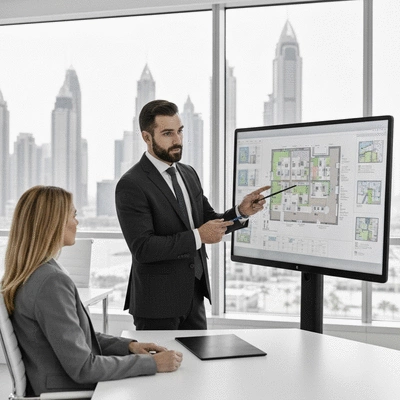 Real estate agent discussing property plans with a client in a modern office, showcasing expert guidance in off-plan investments in the UAE