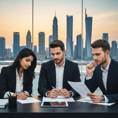 Diverse group of international investors analyzing property documents on a modern desk, with a backdrop of a UAE skyline