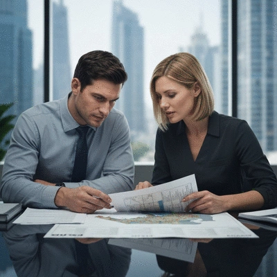 Professional couple reviewing property documents and a map of Dubai, focused on investment