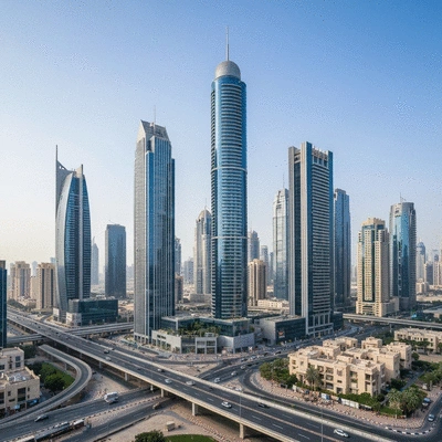 Modern Dubai cityscape with skyscrapers and vibrant activity, symbolizing real estate investment opportunities, no text, no words, no typography, clean image