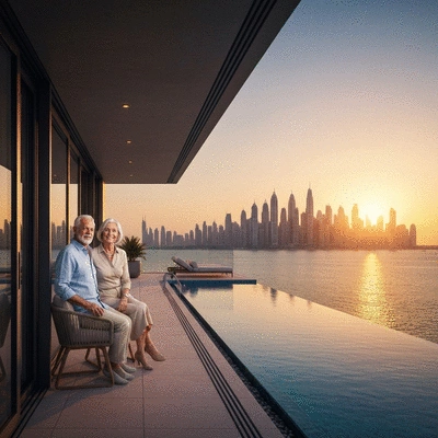 Modern beachfront villa in Dubai with a senior couple enjoying the view, no text, no words, no typography