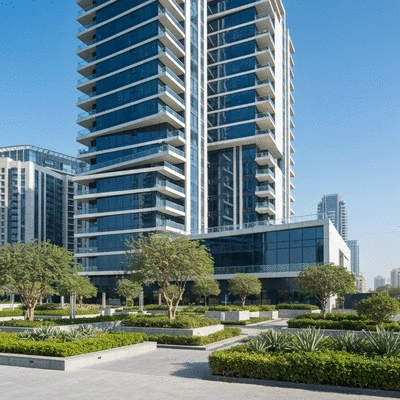 Modern apartment building in Dubai with lush landscaping