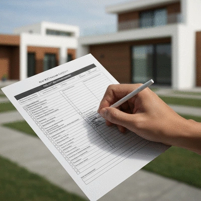 A person's hand checking off items on a real estate evaluation checklist, with a modern property background