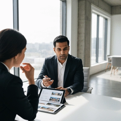 Real estate agent discussing property with a client in a modern office, showing a tablet with property listings