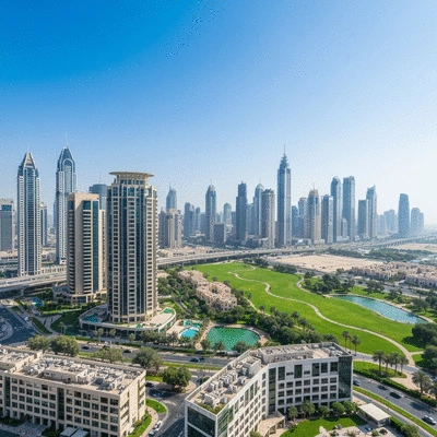 Modern cityscape of Dubai with residential buildings and green spaces, symbolizing investment opportunity