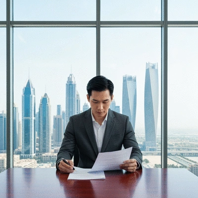 Professional investor reviewing real estate documents in a modern office overlooking the Dubai skyline