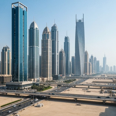 Modern Dubai skyline with financial district in the foreground