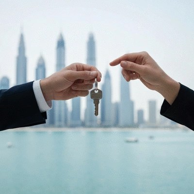 Hands exchanging keys over a property deed with a blurred Dubai skyline in the background, symbolizing property ownership and security