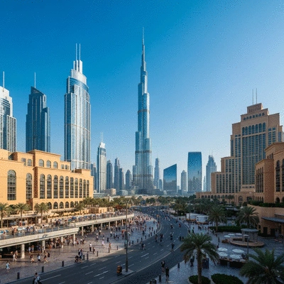 Modern cityscape of Dubai with tourists and luxury properties under a clear sky