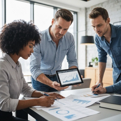 A diverse group of investors reviewing financial documents and a tablet with a graph, discussing property market trends in a modern office setting, representing informed investment decisions