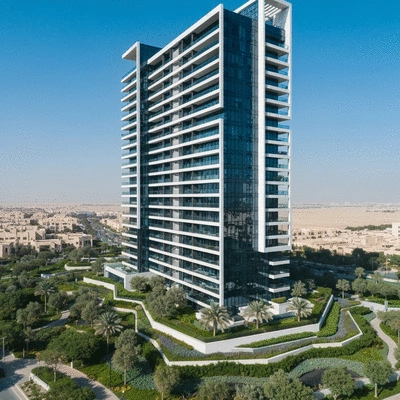 Modern apartment building in Dubai with lush landscaping