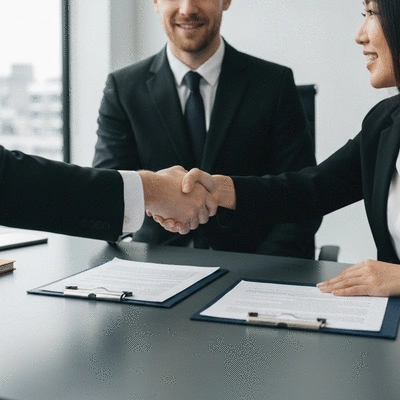 Handshake over property documents, symbolizing a successful real estate negotiation