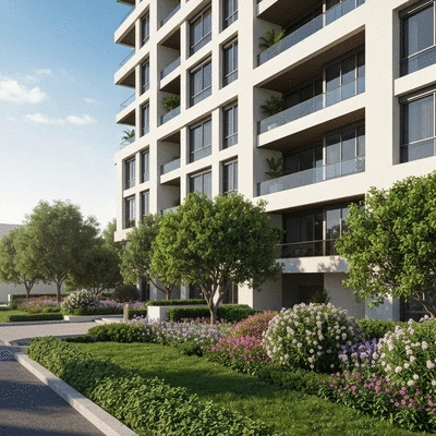 Modern apartment building in Dubai with lush green landscaping, representing freehold property ownership