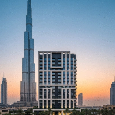 Modern apartment building in Dubai with Burj Khalifa in the background at sunset, no text, no words, no typography, clean image