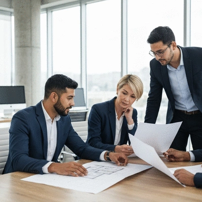 Diverse group of business people discussing real estate plans