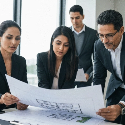 Close-up of a diverse group of people reviewing architectural plans for a new property development