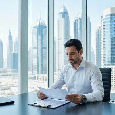 Professional investor reviewing freehold property documents in Dubai, modern office, skyline view
