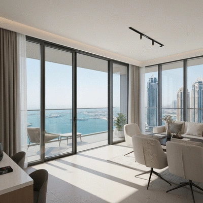 Modern luxury apartment interior with a view of Dubai Marina