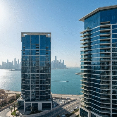 Modern apartment building in Dubai Marina with waterfront view
